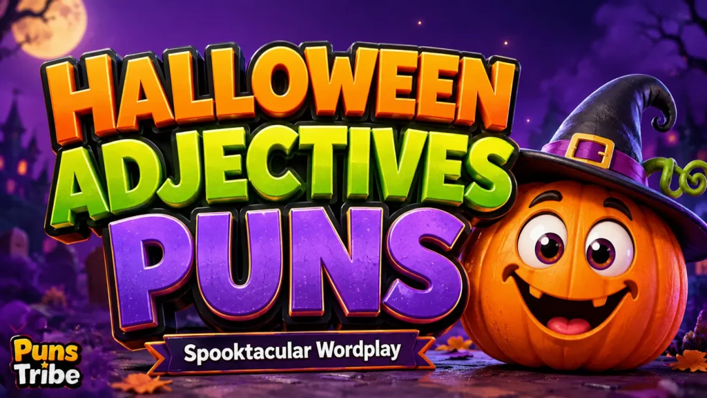 Halloween adjectives puns featured image with a cheerful jack-o’-lantern in a witch hat.