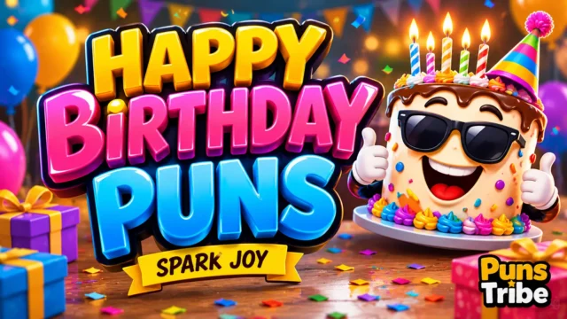 Colorful birthday graphic featuring happy birthday birthday puns, a cake mascot, and Puns Tribe branding.