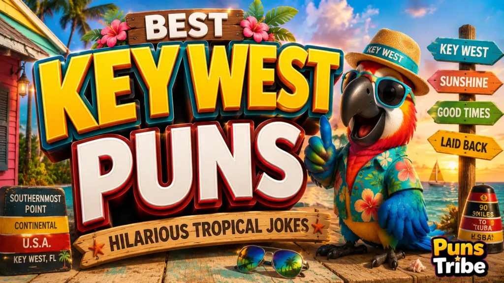 Key West puns featured image with a colorful tropical parrot and vacation scene