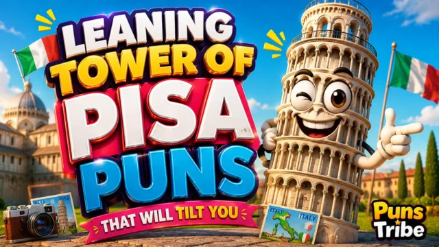 Leaning Tower of Pisa puns featured image with a colorful cartoon Pisa tower