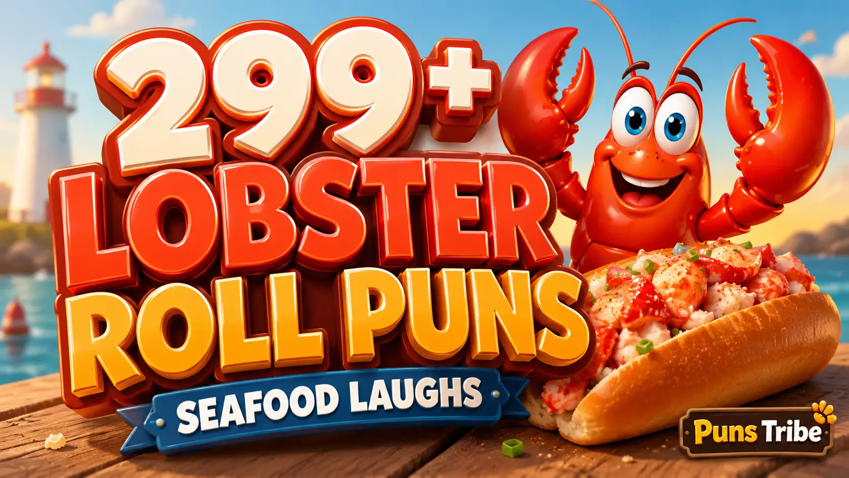 Featured image for lobster roll puns with bold 3D title, smiling cartoon lobster, and a delicious lobster roll.