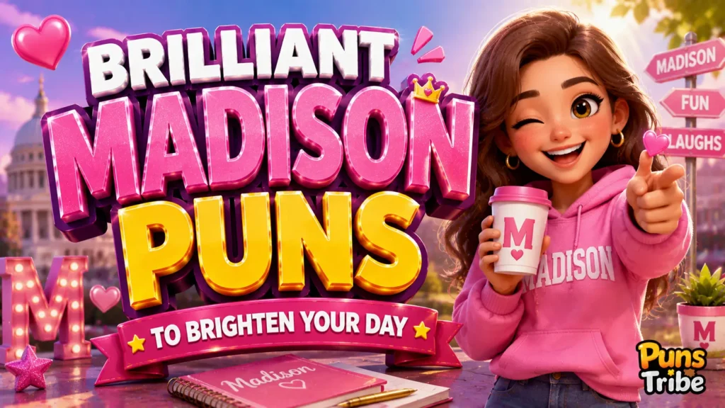 Brilliant Madison puns featured image with colorful 3D typography and cheerful mascot