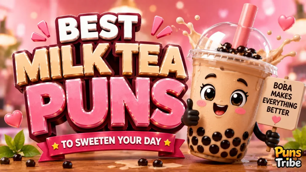 Best milk tea puns featured image with a cheerful bubble tea mascot and bold 3D typography