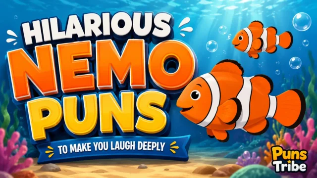 nemo puns featured image with colorful clownfish and bold 3D ocean typography