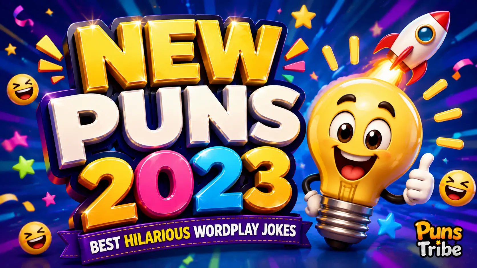new puns 2023 featuring colorful 3D wordplay typography and a fun cartoon rocket