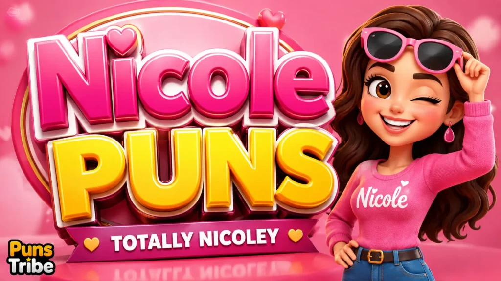 Nicole puns featured image with colorful 3D Nicole typography and a fun cartoon character