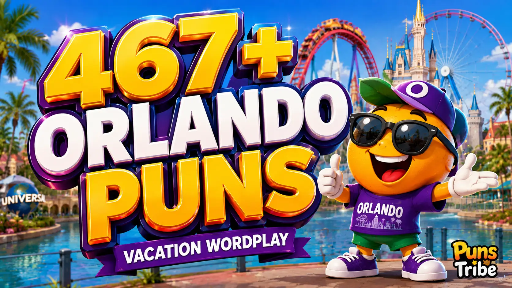 467+ orlando puns thumbnail with bold 3D text and a cheerful vacation mascot.