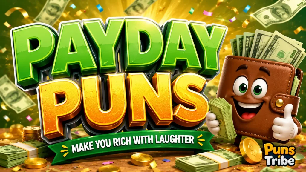Payday puns featured image with bold 3D text, money, coins, and a cheerful wallet mascot