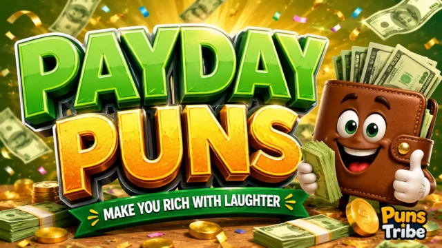 Payday puns featured image with bold 3D text, money, coins, and a cheerful wallet mascot