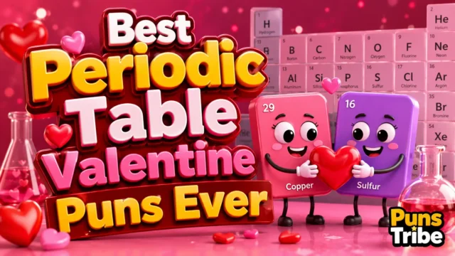 Periodic table valentine puns featured image with cute chemistry characters and colorful Valentine hearts.