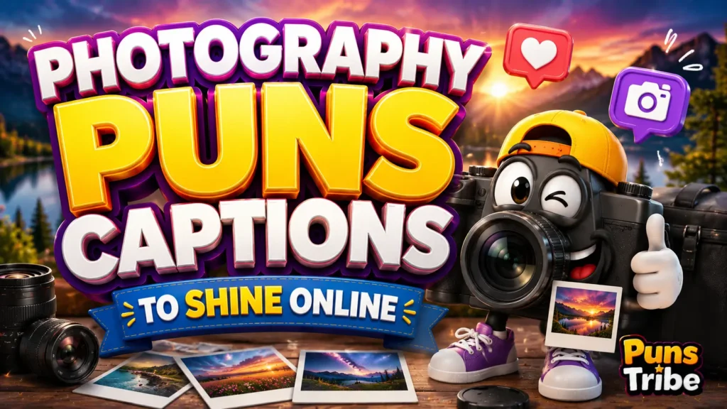 Photography puns captions with a fun cartoon camera and colorful photography-themed design.