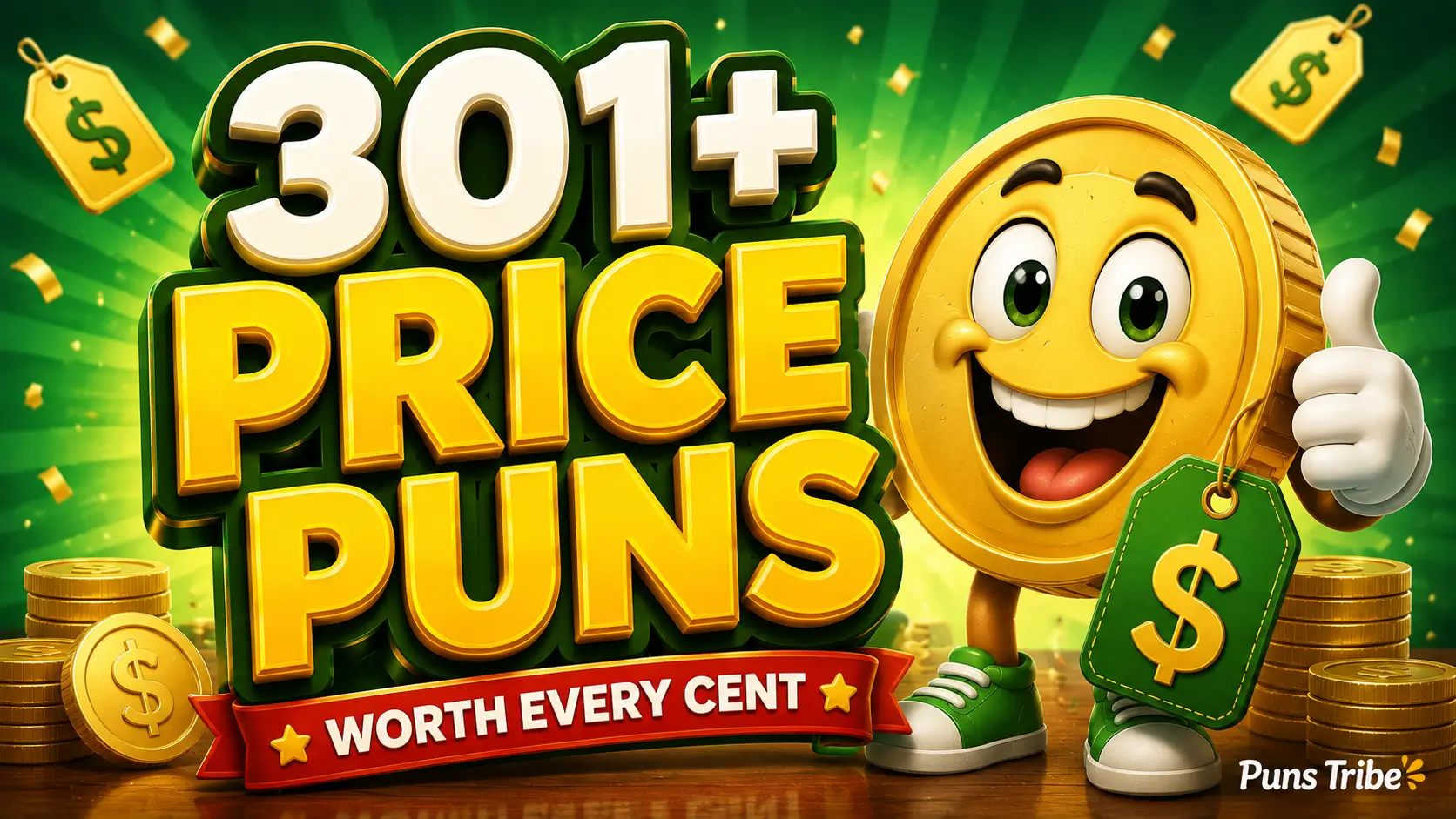 A bright widescreen thumbnail with 3D text reading 301+ Price Puns and a cute cartoon coin mascot.