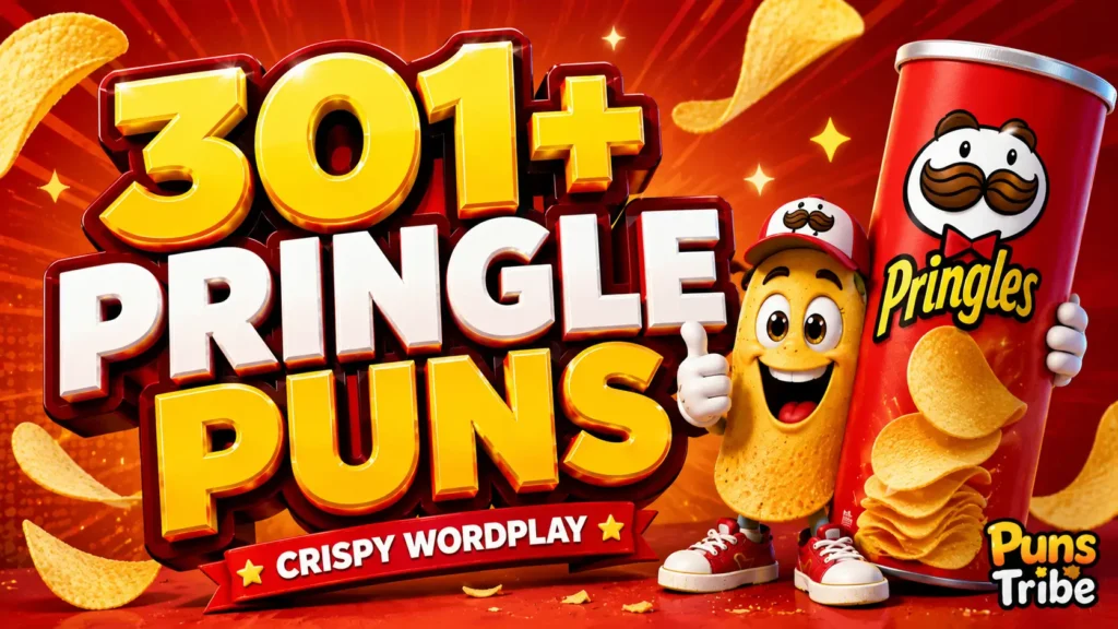 Pringle puns featured image with crispy chips and a fun snack mascot