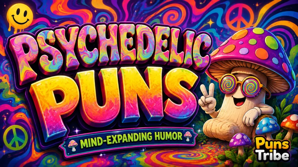 Colorful psychedelic puns thumbnail with trippy 3D lettering and a fun mushroom mascot