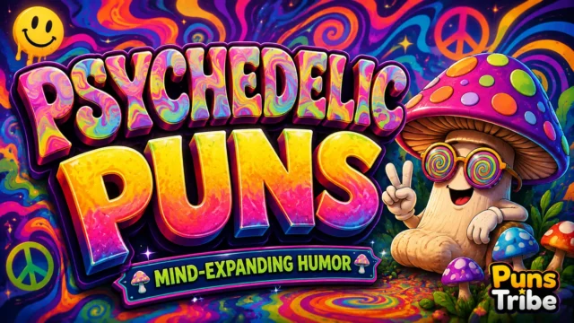 Colorful psychedelic puns thumbnail with trippy 3D lettering and a fun mushroom mascot