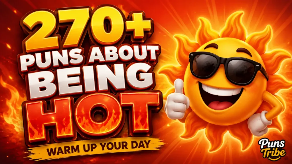Featured image for puns about being hot with bold 3D typography and a smiling sun mascot.