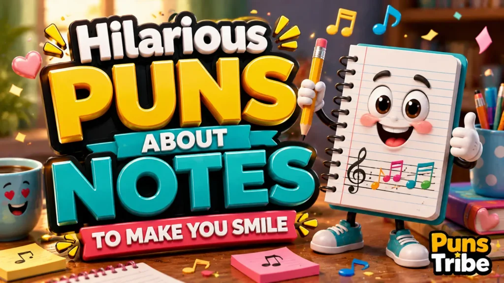 Hilarious puns about notes with a fun cartoon notebook and music theme