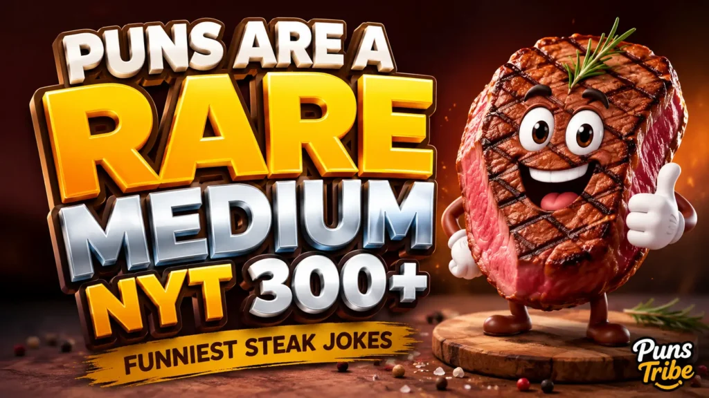 Featured image for puns are a rare medium nyt with bold 3D steak-themed typography and a smiling steak mascot.