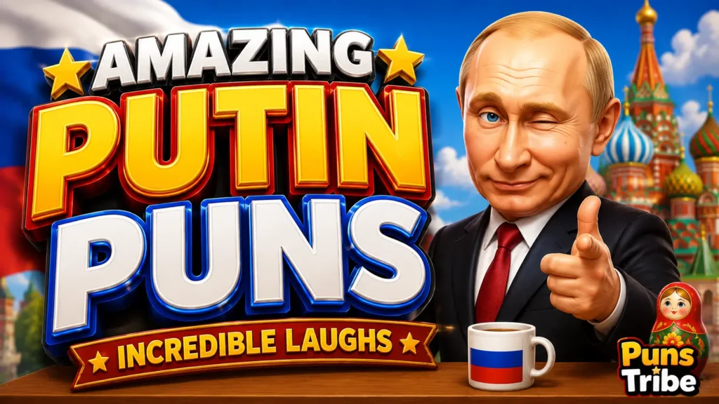 putin puns with colorful 3D typography and a playful Putin-themed cartoon
