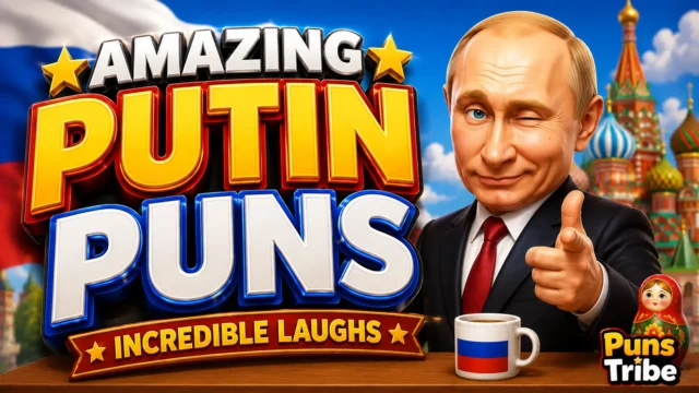 putin puns with colorful 3D typography and a playful Putin-themed cartoon