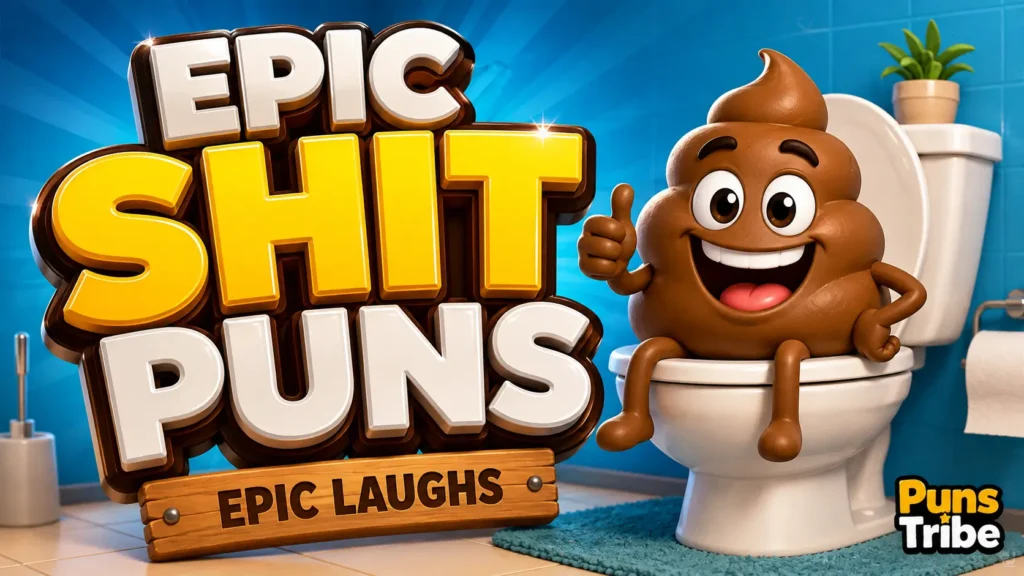 Funny shit puns featured image with a cheerful cartoon poop character and bold 3D typography