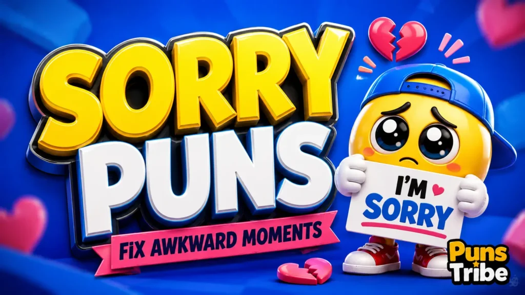 Sorry puns featured image with bold 3D typography, a pleading mascot, broken hearts, and Puns Tribe branding.