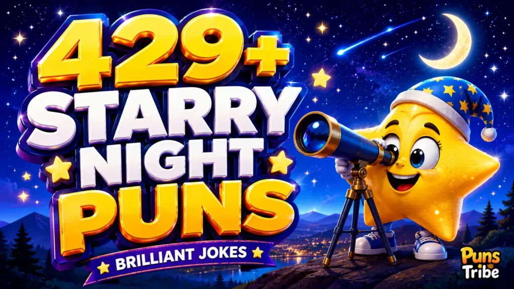 starry night puns with glowing stars, moon, and a cheerful star mascot