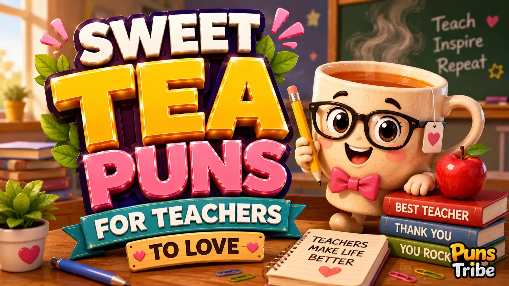 Tea puns for teachers featured image with a cheerful teacher tea mug and colorful 3D typography