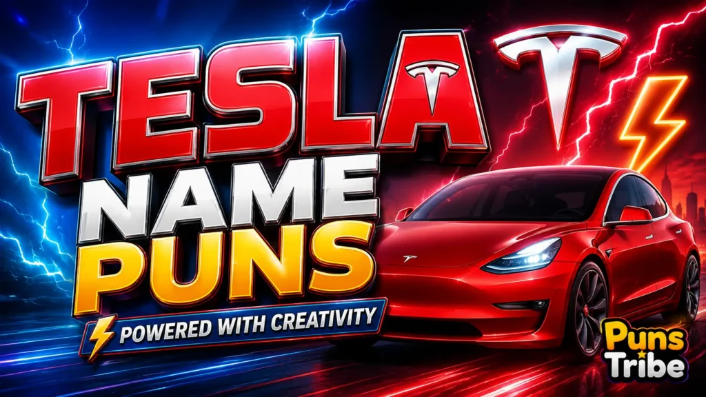Tesla name puns thumbnail with a red electric car, bold 3D lettering, lightning, and Puns Tribe watermark