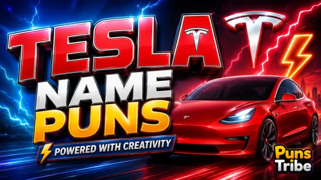 Tesla name puns thumbnail with a red electric car, bold 3D lettering, lightning, and Puns Tribe watermark