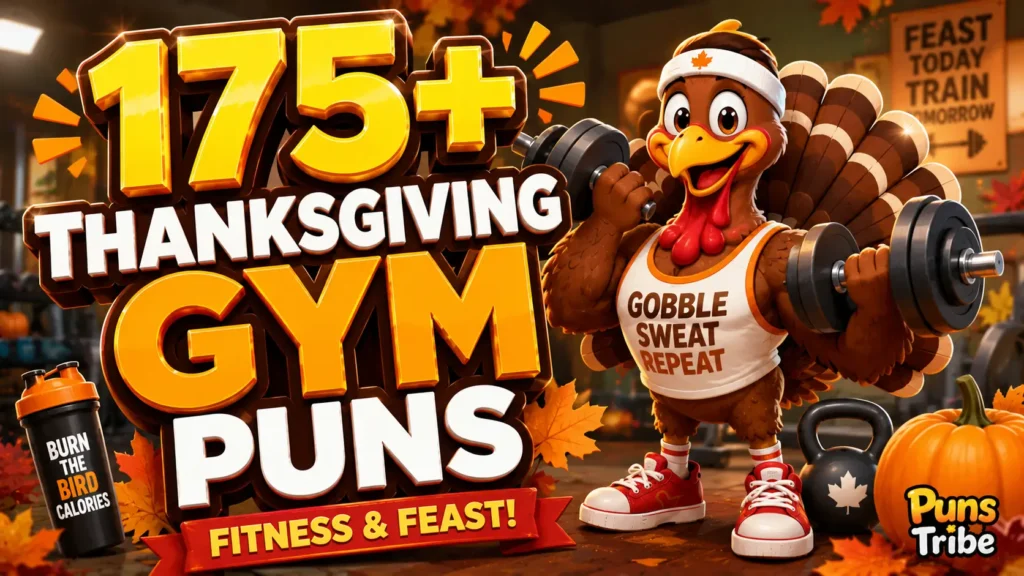 Thanksgiving gym puns featuring a funny fitness turkey with weights