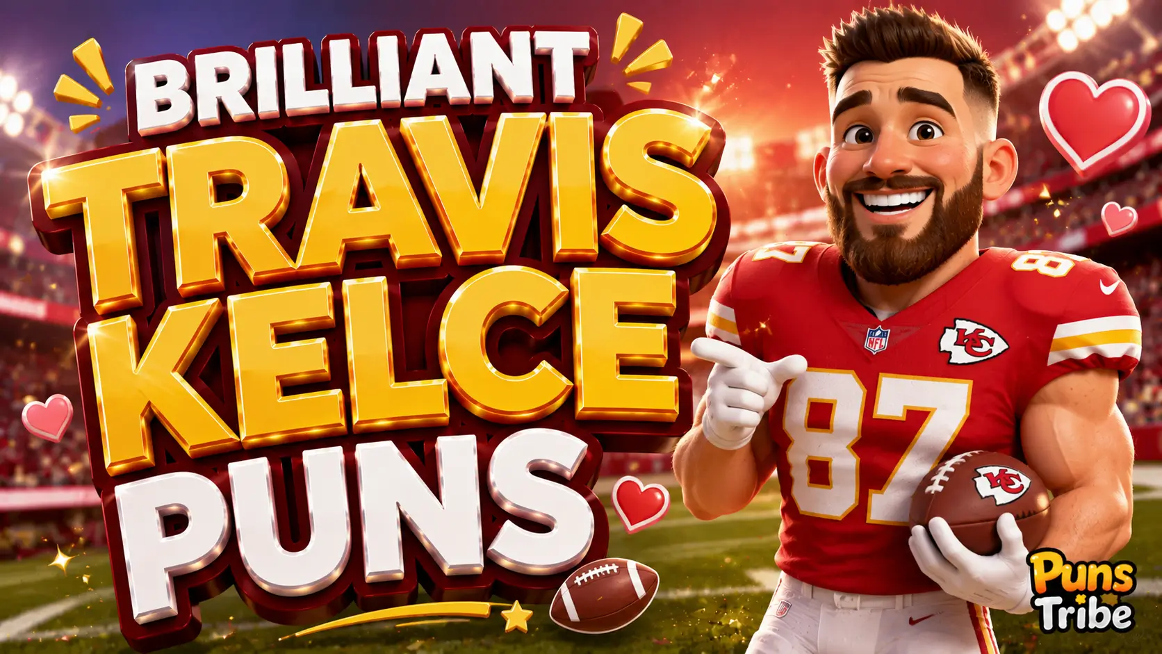 Brilliant Travis Kelce puns featured image with a football mascot and vibrant stadium background