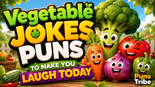 Vegetable jokes puns featured image with colorful cartoon vegetables and bold 3D typography.