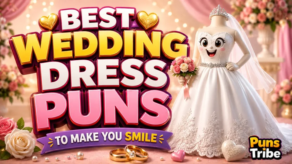 Wedding dress puns featured image with a bridal gown, flowers, rings, and colorful 3D typography