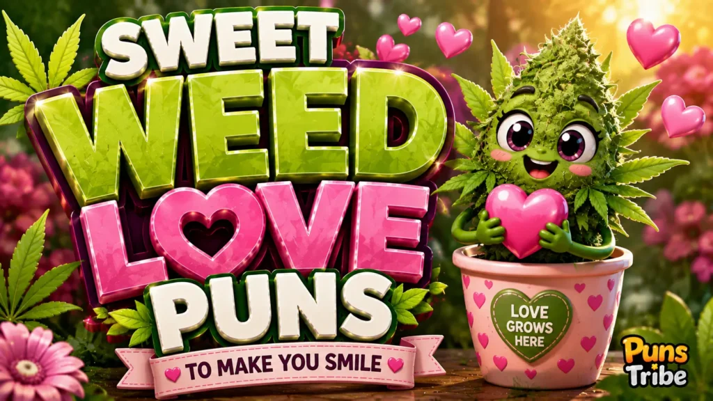 Weed love puns featured image with a cute botanical character holding a heart