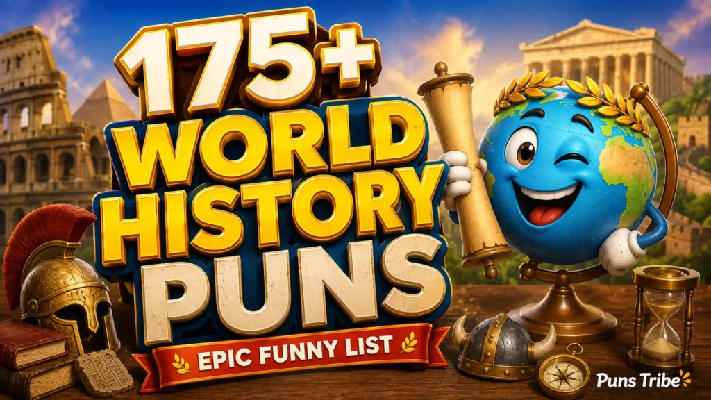 A bright widescreen thumbnail with 3D text reading 175+ World History Puns and a cute cartoon scroll mascot.