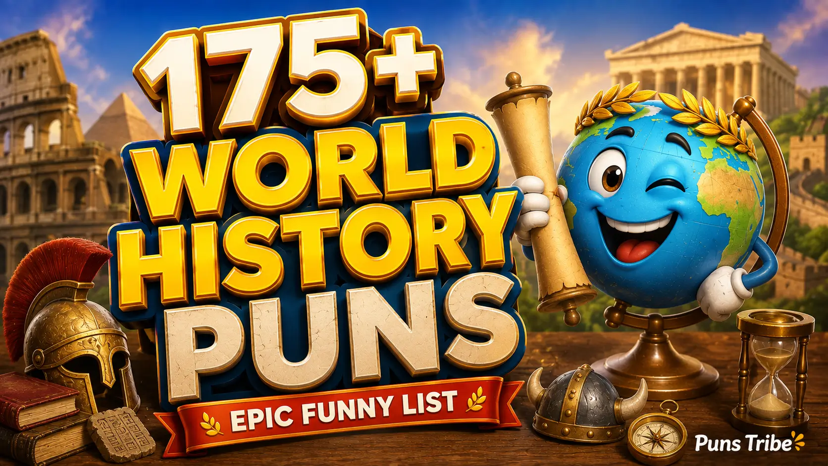 A bright widescreen thumbnail with 3D text reading 175+ World History Puns and a cute cartoon scroll mascot.