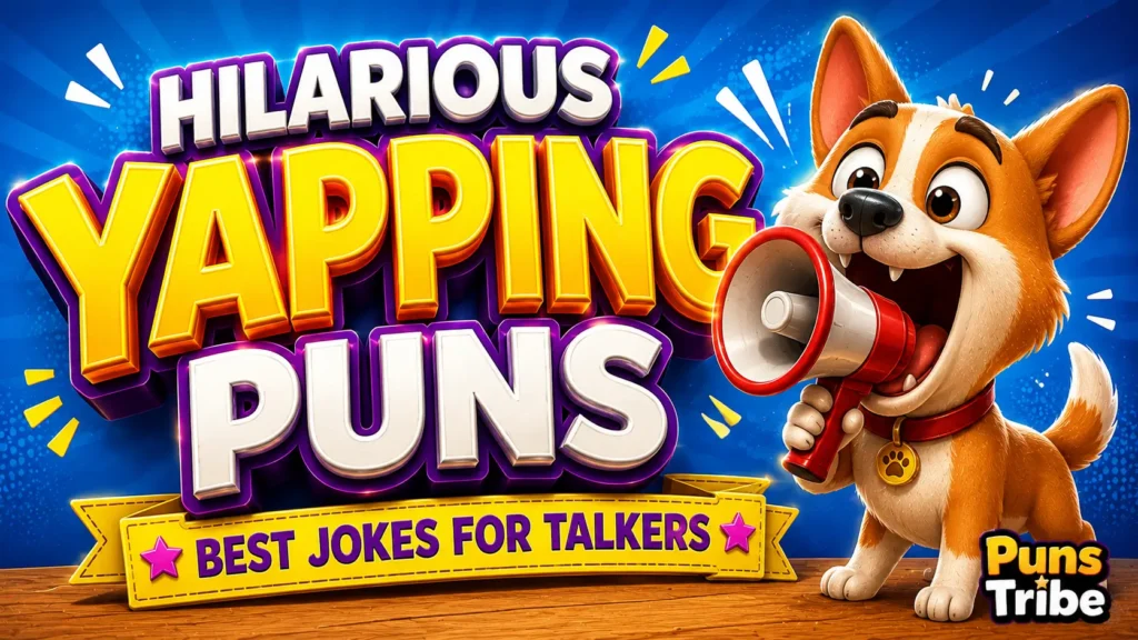 Hilarious yapping puns with a funny cartoon dog using a megaphone