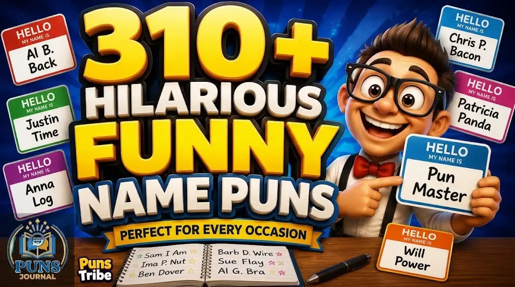 Graphic displaying 310+ hilarious funny name puns featuring name badges like Chris P. Bacon and Justin Time alongside a cartoon character holding a Pun Master tag