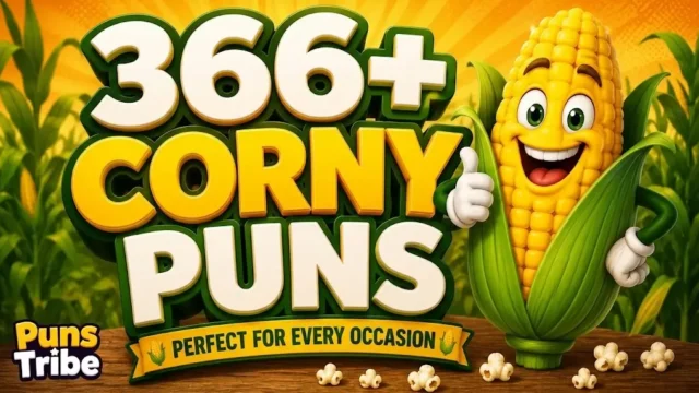 A vibrant graphic featuring the title 366+ Corny Puns in large 3D text, accompanied by a happy, anthropomorphic corn cob making a thumbs-up. Scattered popcorn is on the table, and a small Puns Tribe watermark is visible in the bottom-left corner.