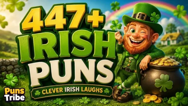 Graphic displaying 447+ Irish Puns with a winking leprechaun leaning on a pot of gold near a rainbow
