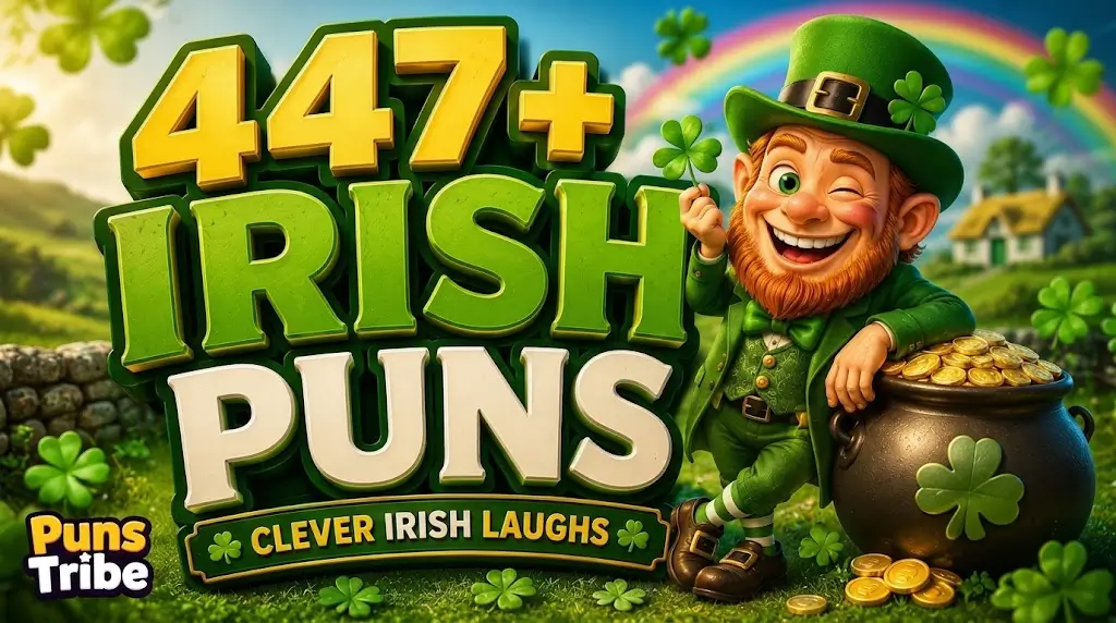 Graphic displaying 447+ Irish Puns with a winking leprechaun leaning on a pot of gold near a rainbow