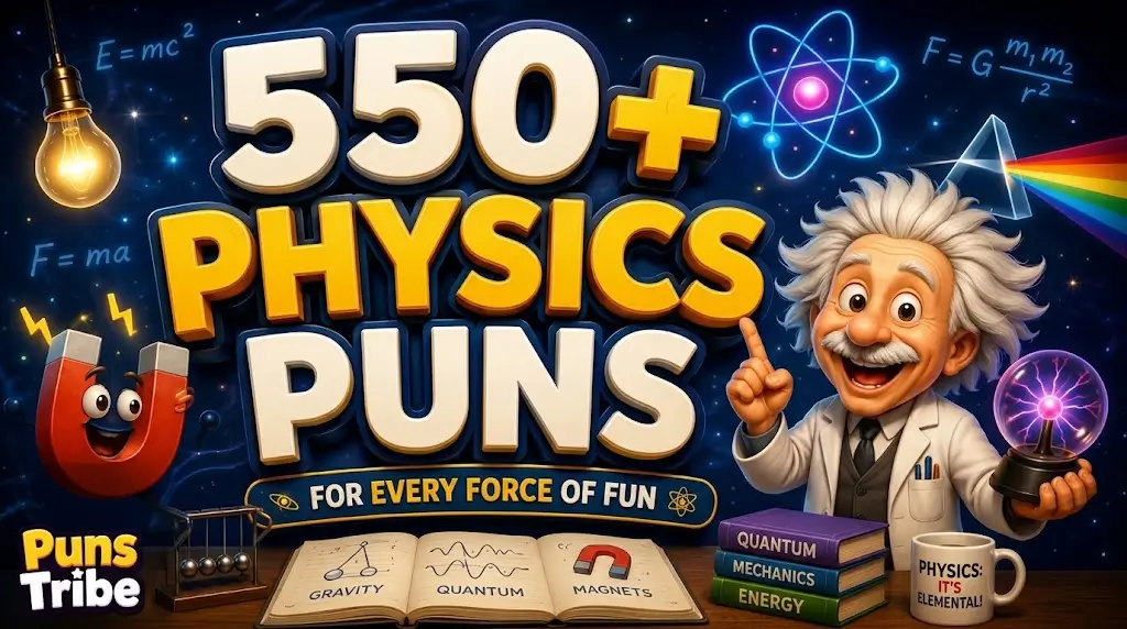 An illustrative poster graphic for "550+ PHYSICS PUNS for every force of fun," featuring a stylized caricature of Albert Einstein holding a plasma globe, a friendly cartoon magnet, a prism, and books, all set in a colorful physics-themed composition.