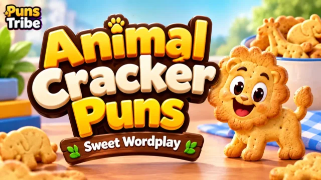 Animal cracker puns featured image with a smiling lion-shaped cracker and bold 3D typography.