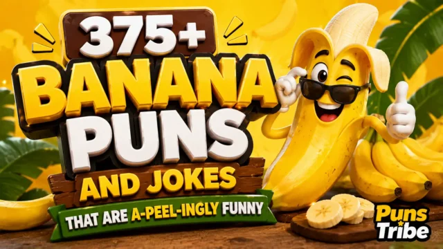 banana puns and jokes with a cheerful cartoon banana and bold yellow typography