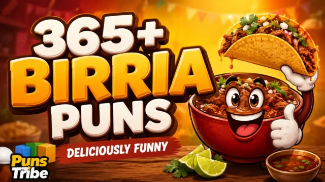 365+ birria puns with a cheerful birria bowl mascot and colorful taco-themed design