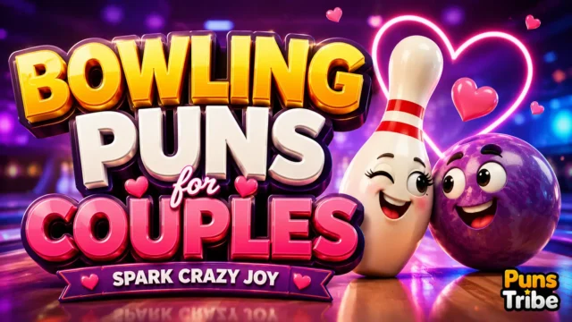 Bowling puns for couples featured image with colorful 3D typography, bowling ball, and bowling pin