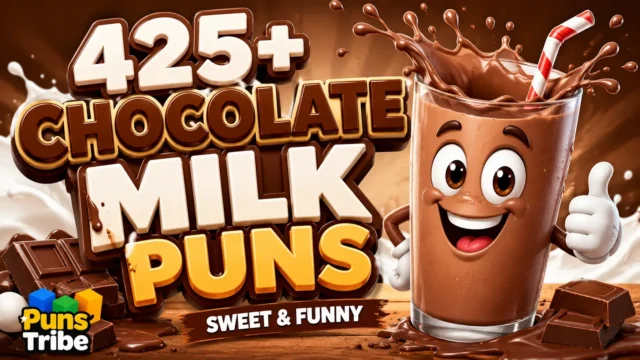 425+ chocolate milk puns with a cheerful chocolate milk mascot and sweet themed design