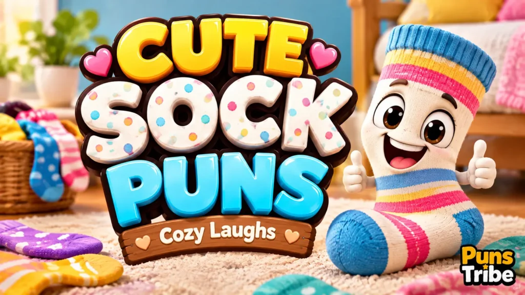 Cute sock puns featured image with a cheerful sock mascot and colorful 3D typography