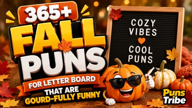 fall puns for letter board with a cozy autumn pumpkin and colorful fall decorations